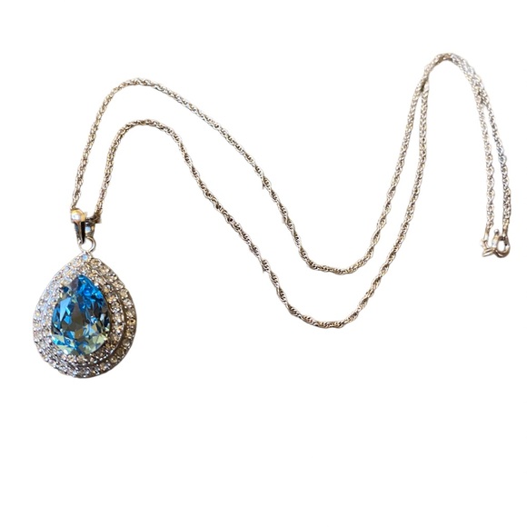 Sterling Silver Aquamarine Gemstone Necklace With Crystal Accents - Picture 4 of 8